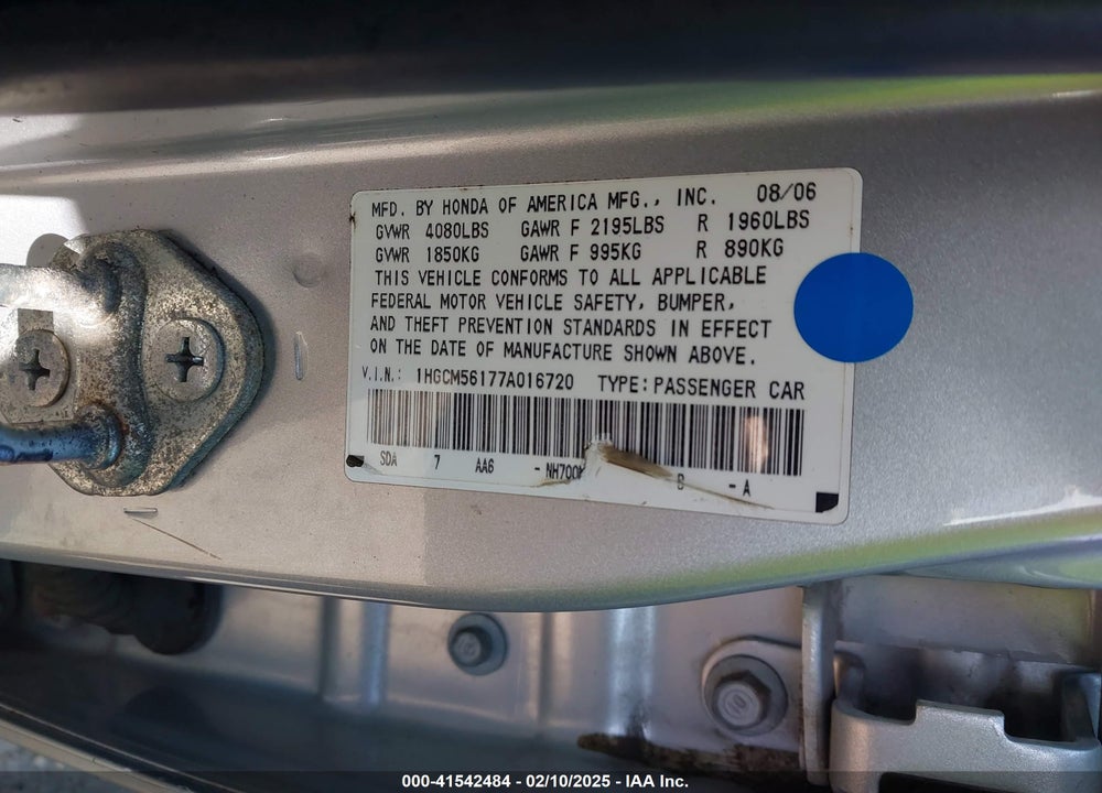2007 HONDA ACCORD VIN: 1HGCM56177A016720