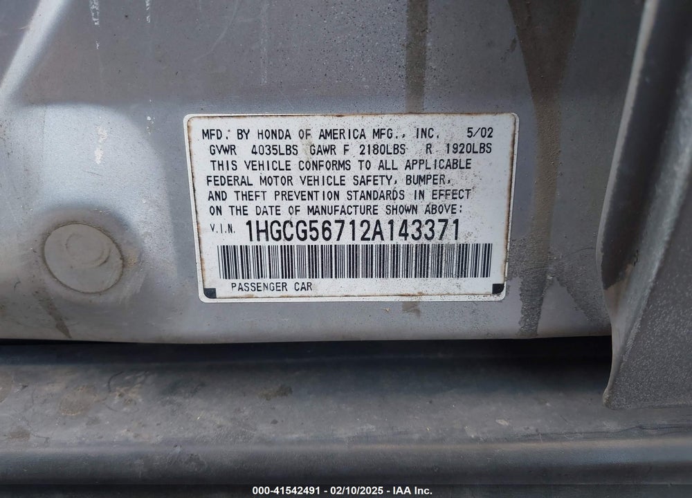2002 HONDA ACCORD 2.3 SE VIN: 1HGCG56712A143371