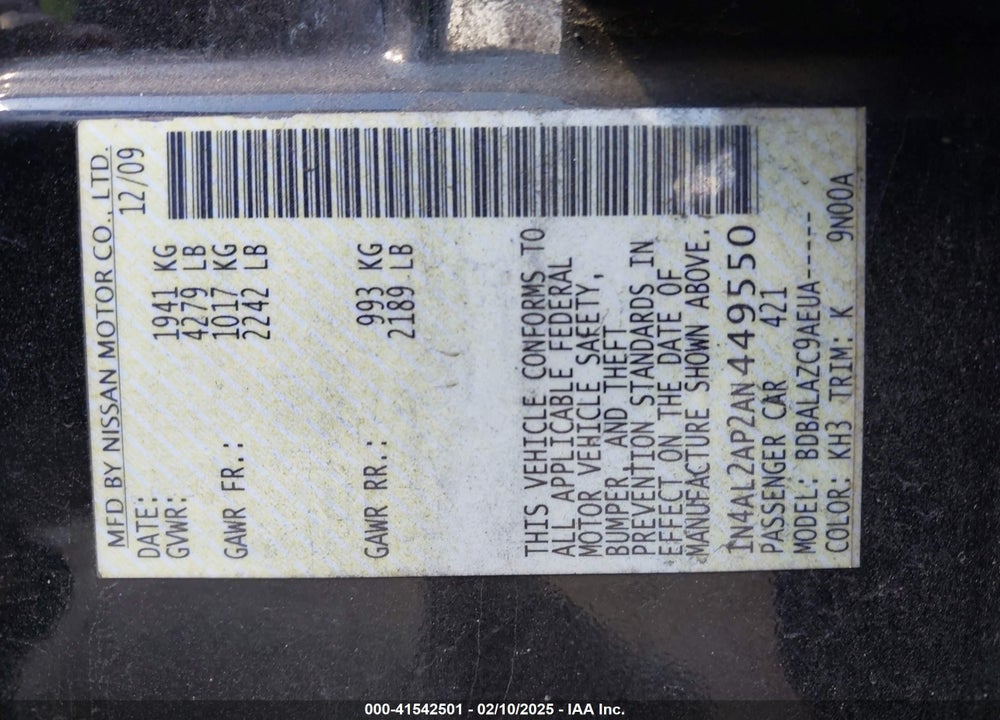 2010 NISSAN ALTIMA VIN: 1N4AL2AP2AN449550