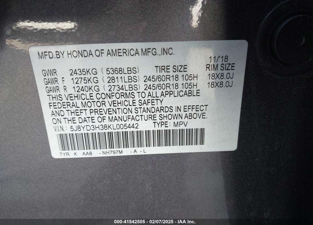 2019 ACURA MDX VIN: 5J8YD3H38KL005442