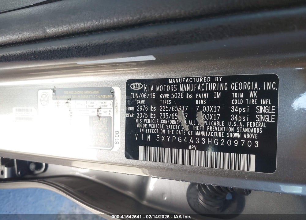 2017 KIA SORENTO 2.4L L VIN: 5XYPG4A33HG209703