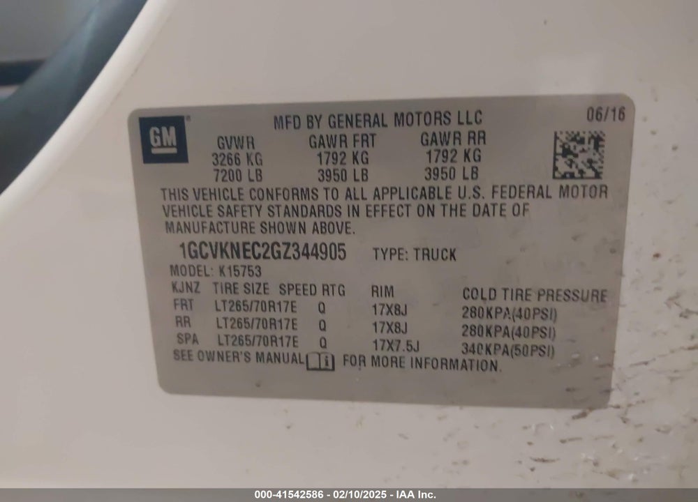 2016 CHEVROLET SILVERADO 1500 VIN: 1GCVKNEC2GZ344905