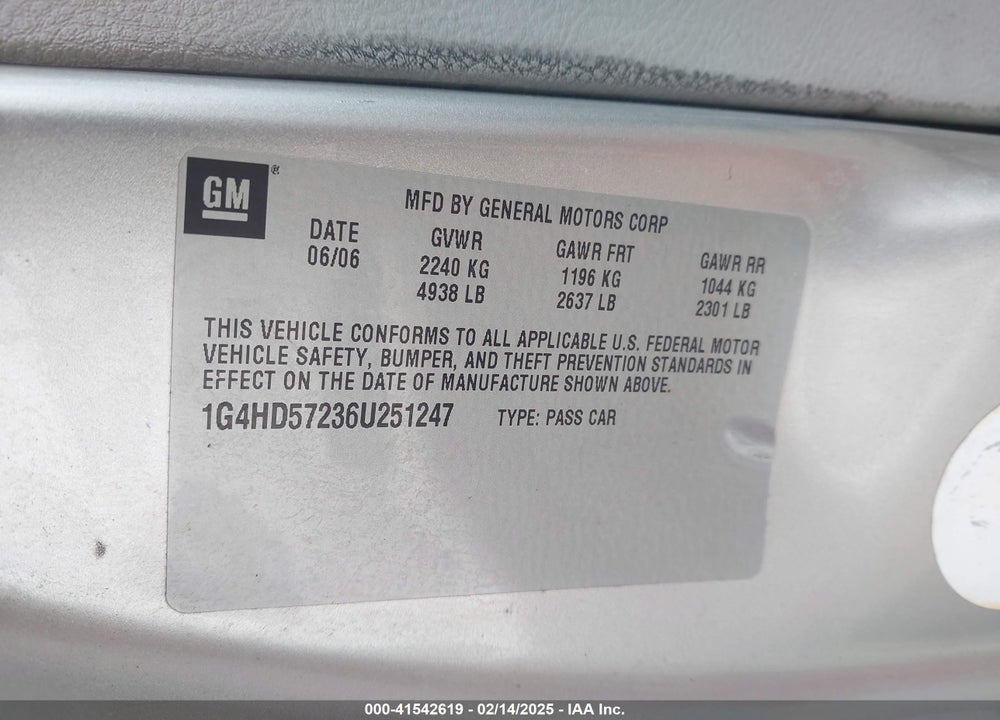 2006 BUICK LUCERNE CXL VIN: 1G4HD57236U251247
