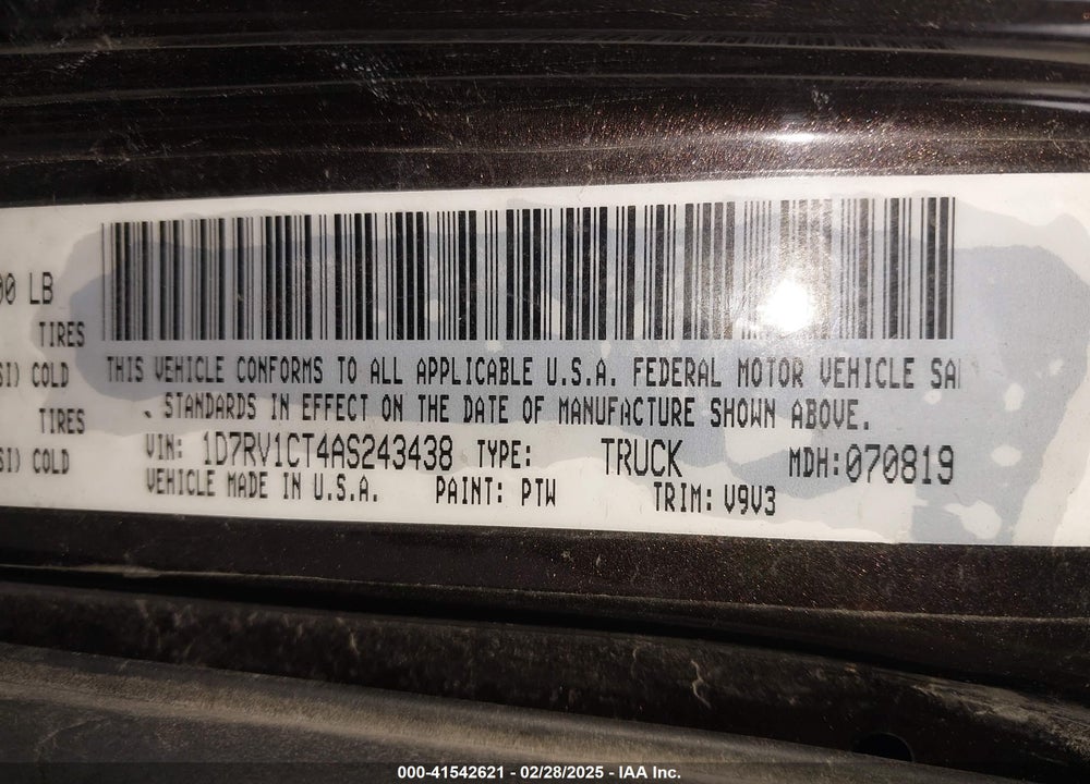 2010 DODGE RAM 1500 VIN: 1D7RV1CT4AS243438