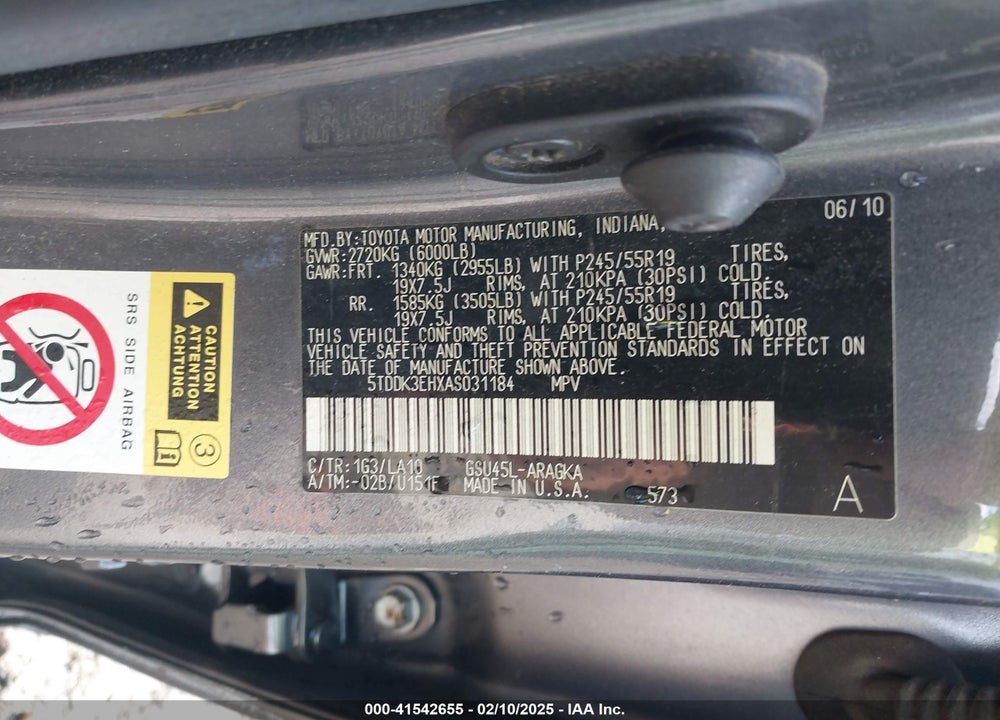 2010 TOYOTA HIGHLANDER VIN: 5TDDK3EHXAS031184