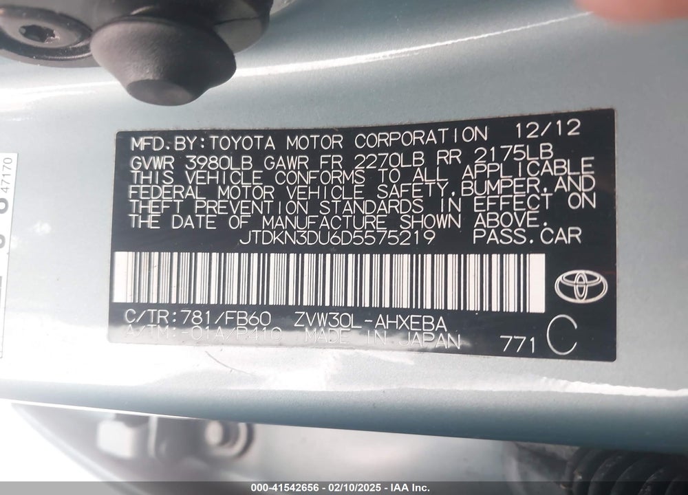 2013 TOYOTA PRIUS TWO VIN: JTDKN3DU6D5575219