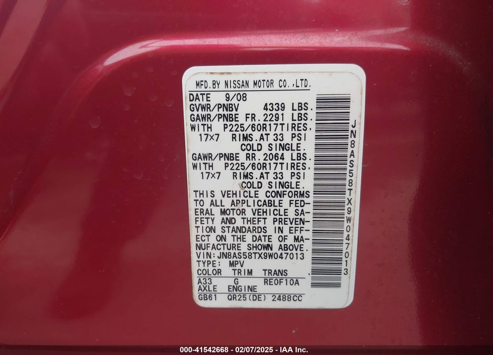 2009 NISSAN ROGUE VIN: JN8AS58TX9W047013