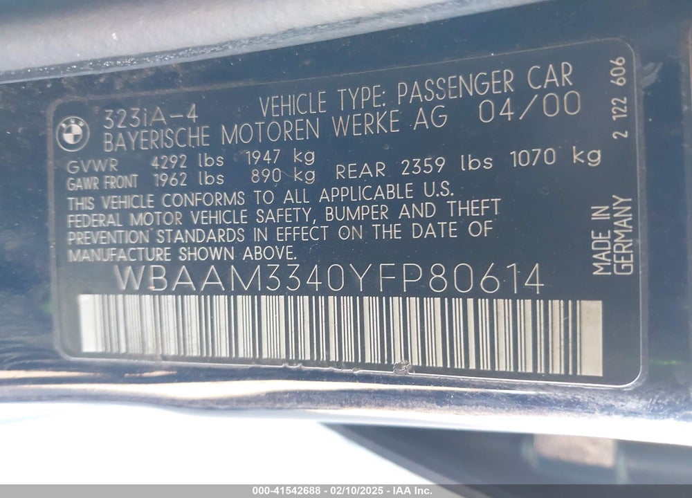 2000 BMW 323I VIN: WBAAM3340YFP80614