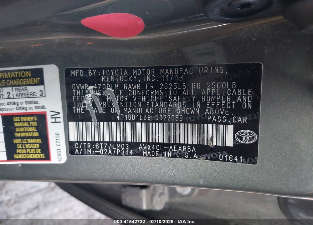 2014 TOYOTA AVALON HYBRID VIN: 4T1BD1EB8EU022059
