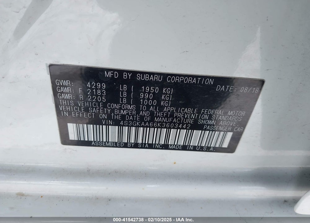 2019 SUBARU IMPREZA VIN: 4S3GKAA66K3603442
