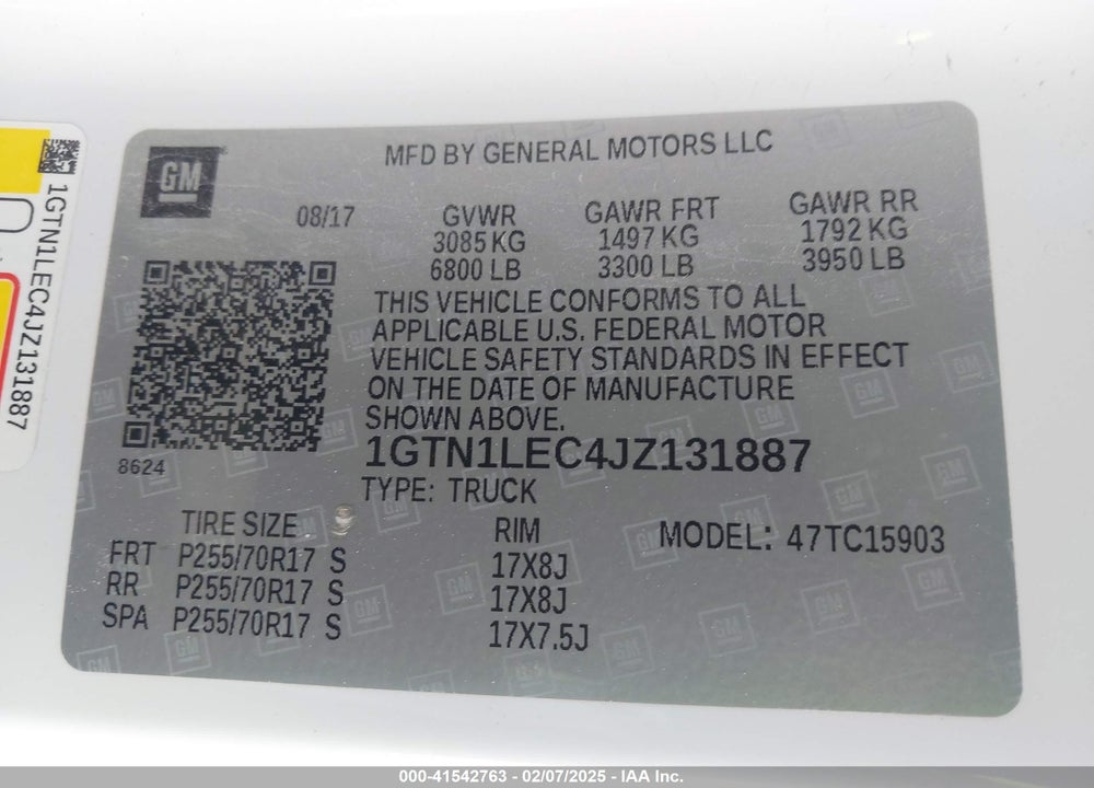 2018 GMC SIERRA 1500 VIN: 1GTN1LEC4JZ131887