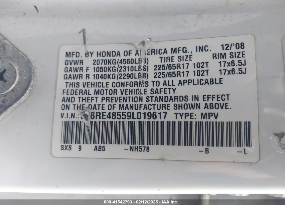 2009 HONDA CR-V VIN: 5J6RE48559L019617