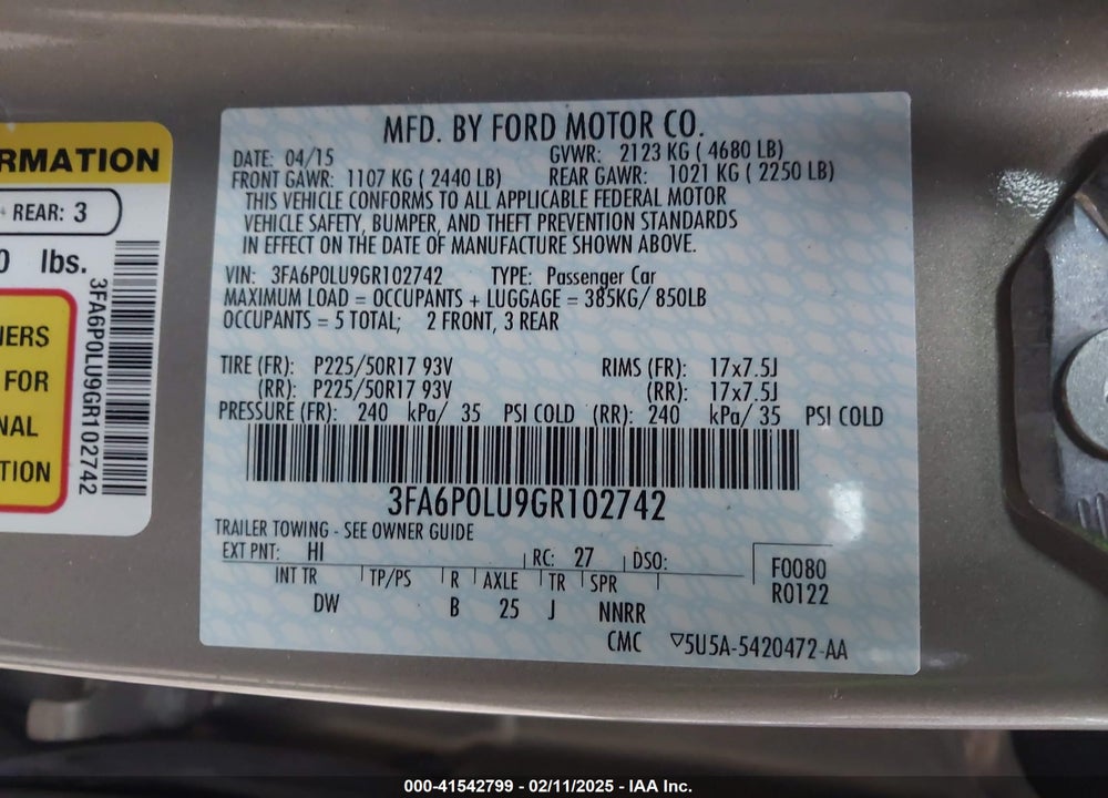 2016 FORD FUSION HYBRID SE VIN: 3FA6P0LU9GR102742