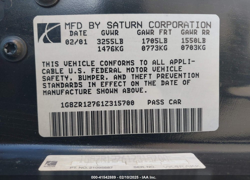 2001 SATURN SC2 VIN: 1G8ZR12761Z315700