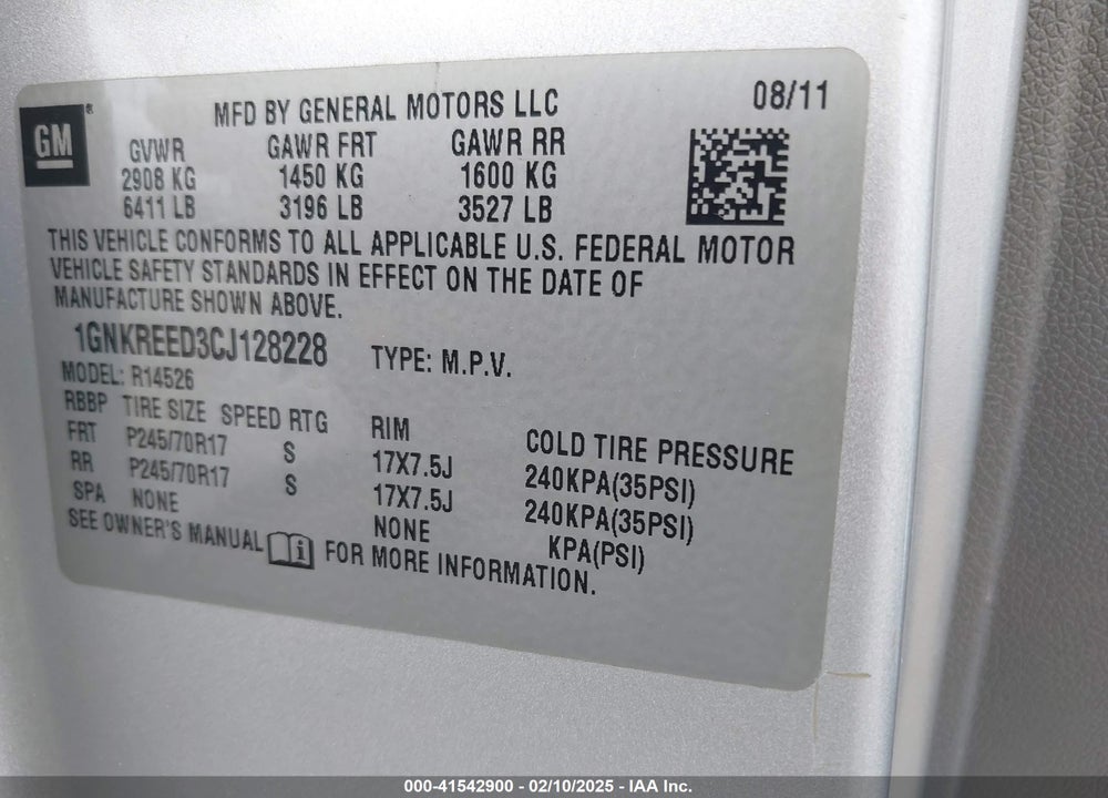 2012 CHEVROLET TRAVERSE VIN: 1GNKREED3CJ128228