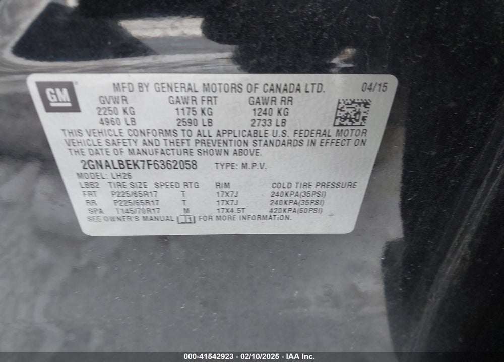 2015 CHEVROLET EQUINOX VIN: 2GNALBEK7F6362058