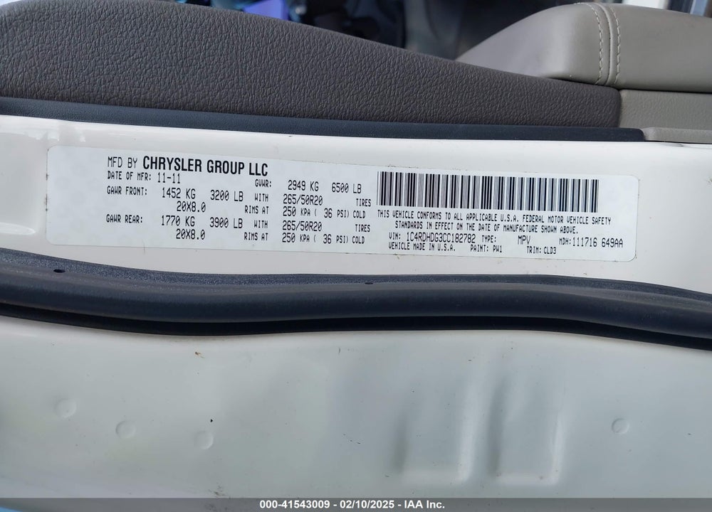 2012 DODGE DURANGO CREW VIN: 1C4RDHDG3CC182782