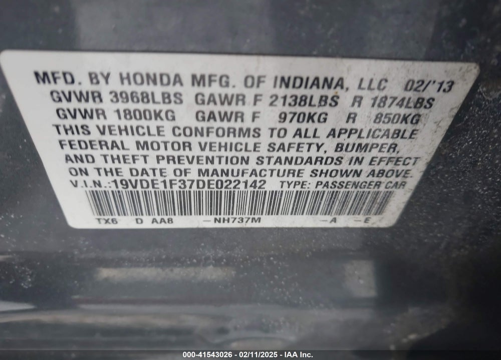 2013 ACURA ILX VIN: 19VDE1F37DE022142