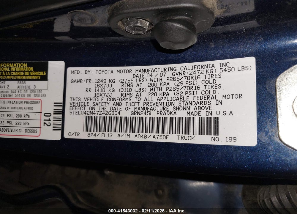 2007 TOYOTA TACOMA VIN: 5TELU42N47Z426804