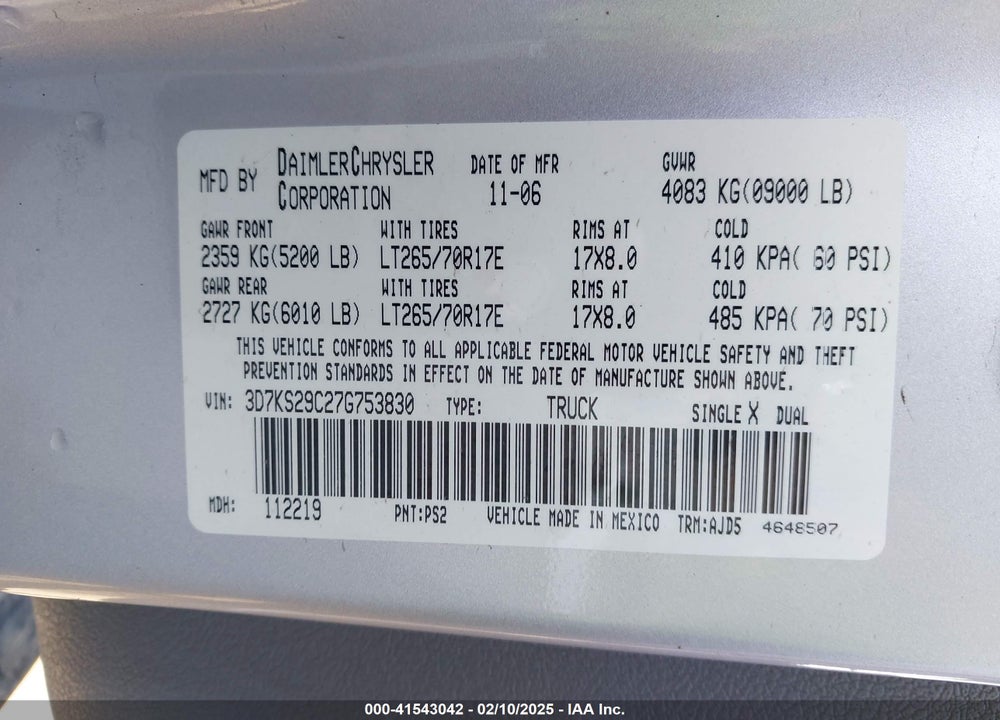 2007 DODGE RAM 2500 VIN: 3D7KS29C27G753830