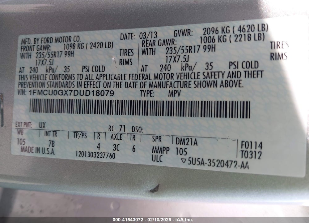 2013 FORD ESCAPE SE VIN: 1FMCU0GX7DUD18079