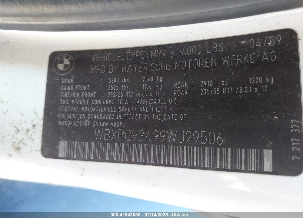 2009 BMW X3 XDRIVE30I VIN: WBXPC93499WJ29506