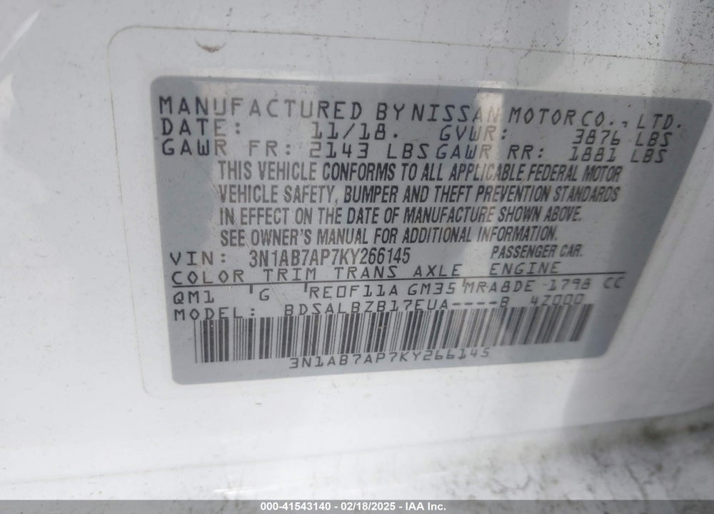 2019 NISSAN SENTRA S VIN: 3N1AB7AP7KY266145