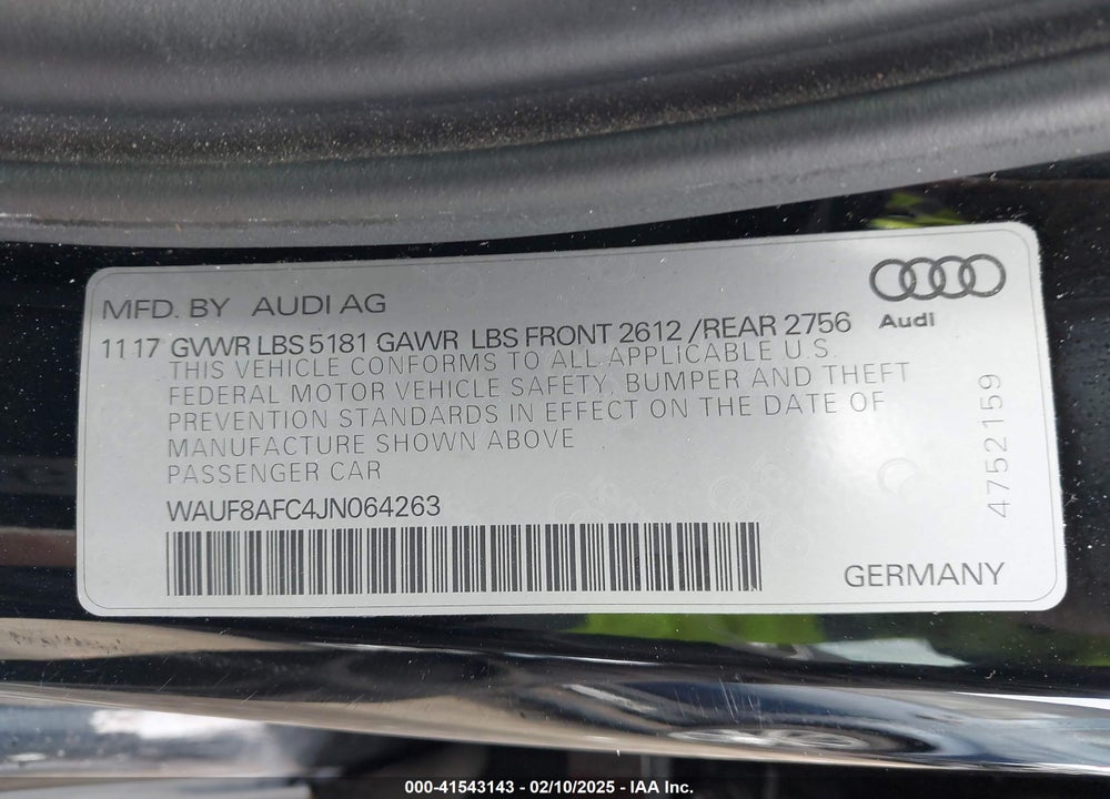 2018 AUDI A6 2.0T PREMIUM/2.0T SPORT VIN: WAUF8AFC4JN064263