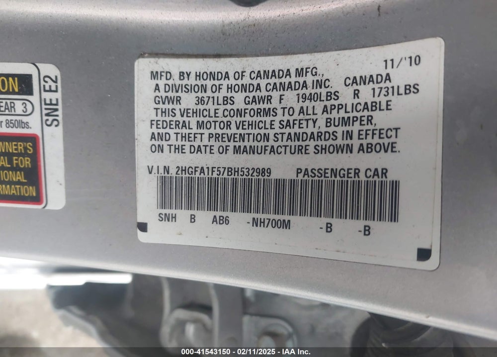 2011 HONDA CIVIC LX VIN: 2HGFA1F57BH532989