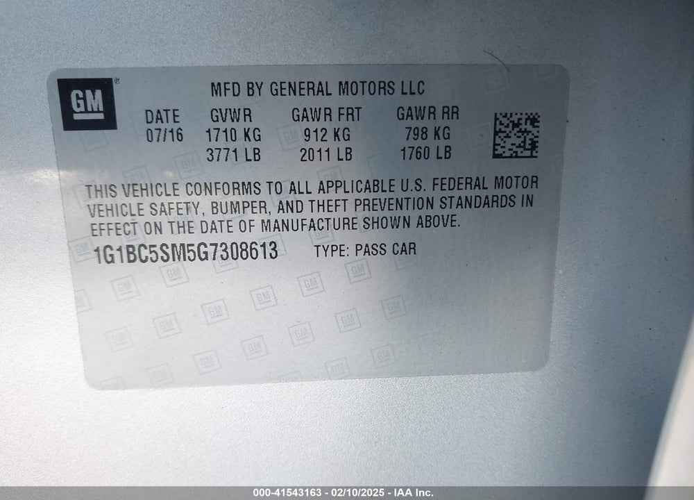 2016 CHEVROLET CRUZE VIN: 1G1BC5SM5G7308613