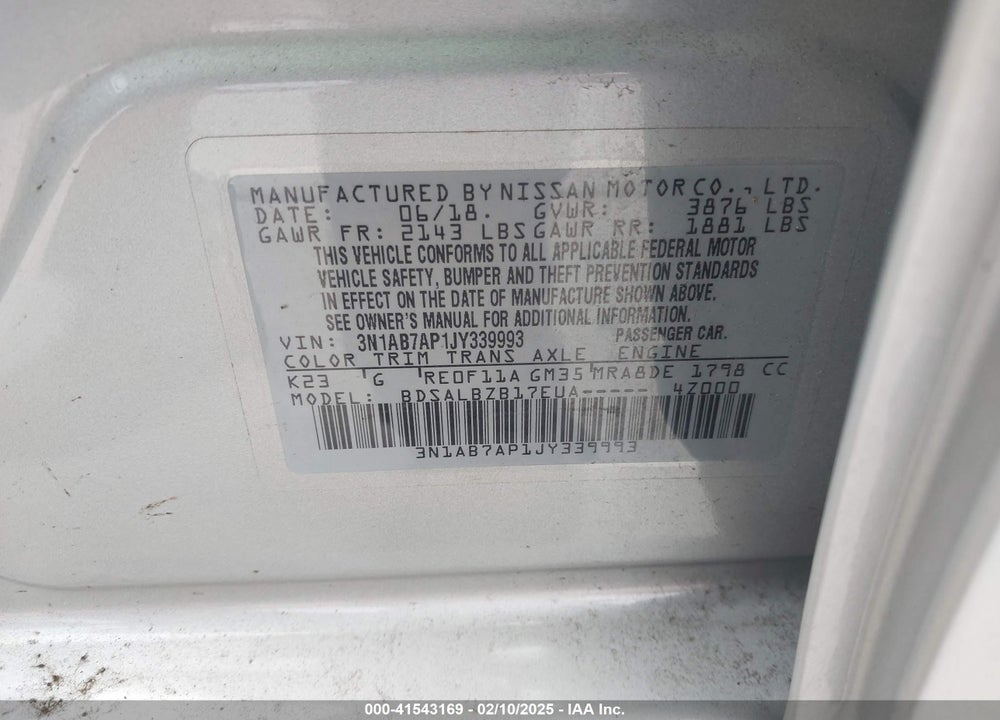 2018 NISSAN SENTRA S VIN: 3N1AB7AP1JY339993