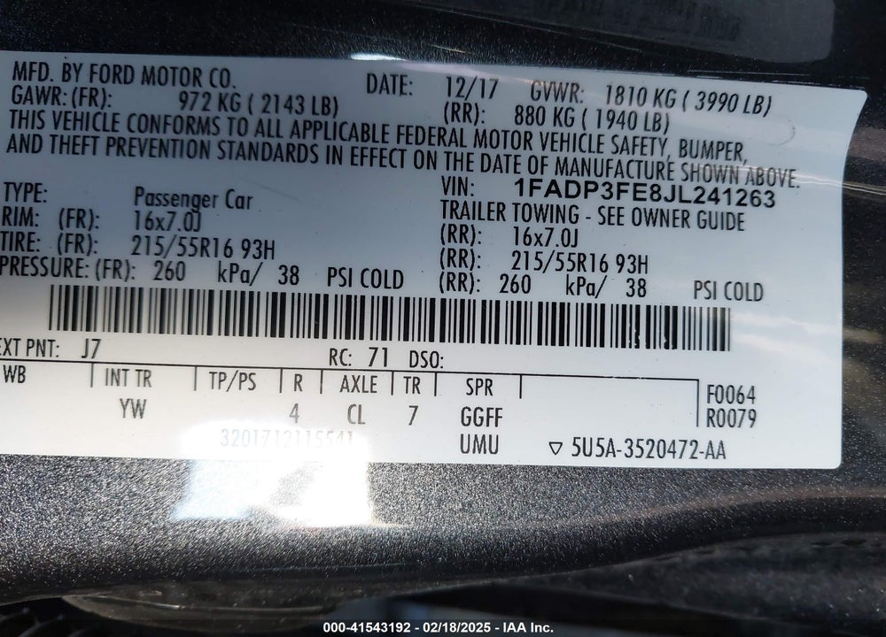 2018 FORD FOCUS VIN: 1FADP3FE8JL241263