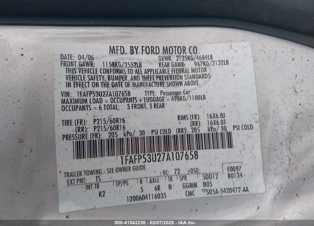 2007 FORD TAURUS VIN: 1FAFP53U27A107658