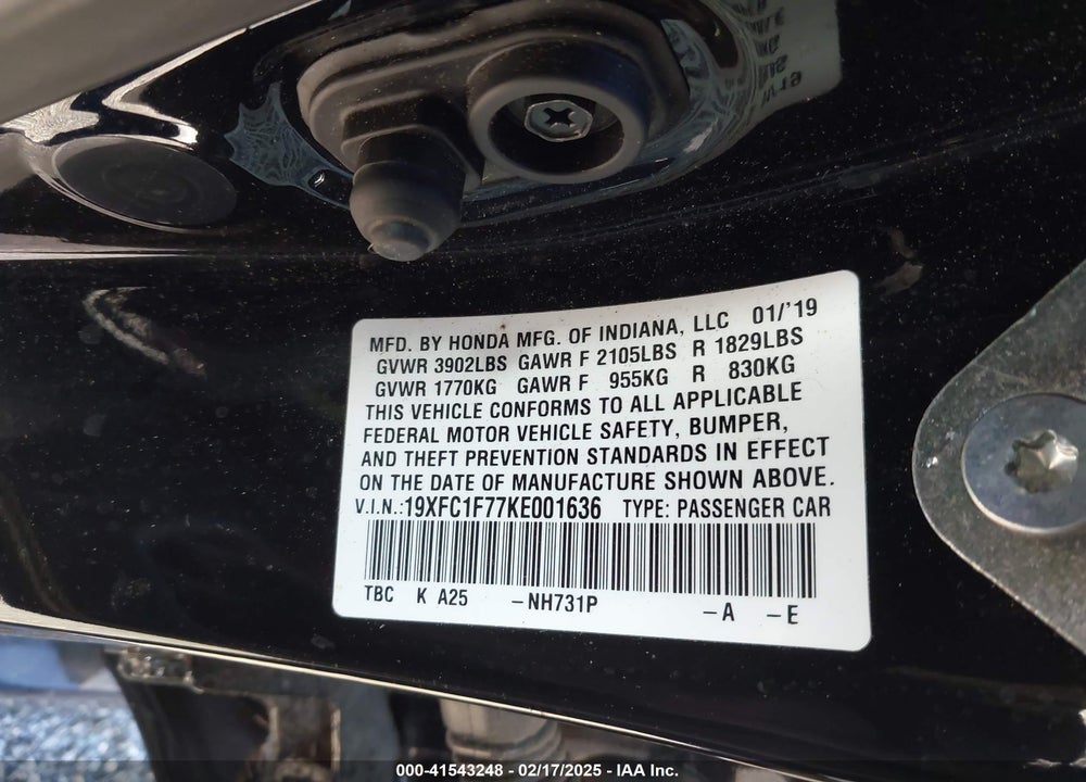 2019 HONDA CIVIC EX-L VIN: 19XFC1F77KE001636