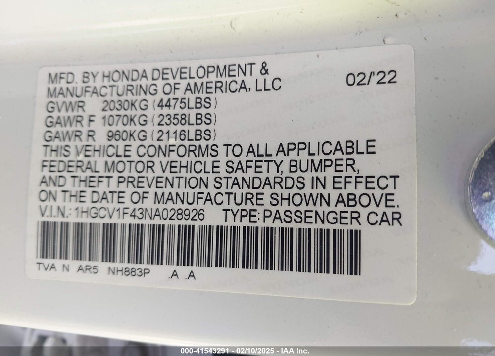 2022 HONDA ACCORD VIN: 1HGCV1F43NA028926
