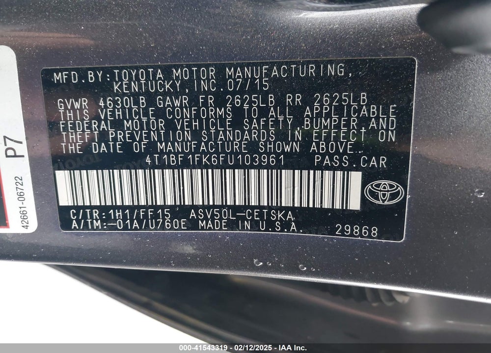 2015 TOYOTA CAMRY SE VIN: 4T1BF1FK6FU103961