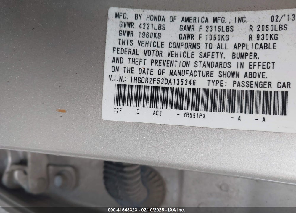 2013 HONDA ACCORD VIN: 1HGCR2F53DA135346