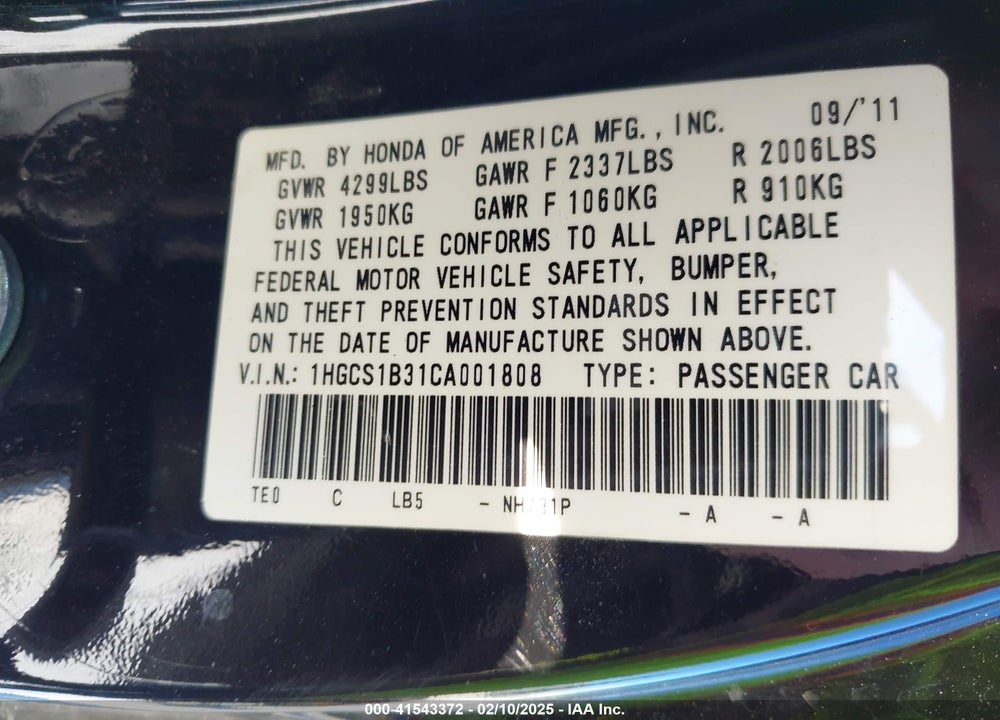 2012 HONDA ACCORD VIN: 1HGCS1B31CA001808