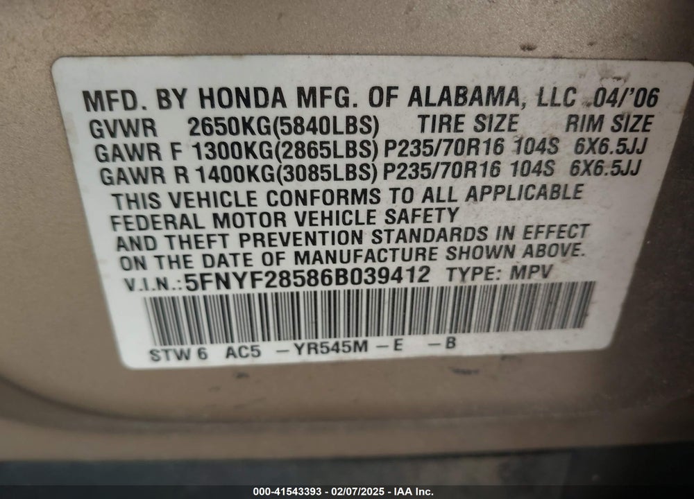 2006 HONDA PILOT EX-L VIN: 5FNYF28586B039412