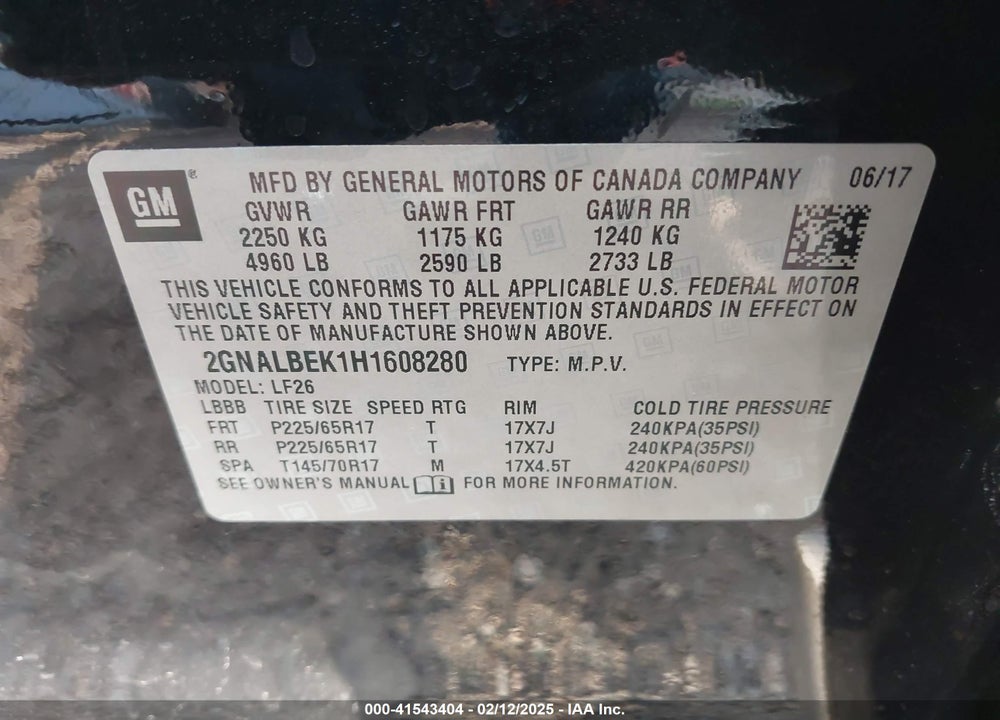 2017 CHEVROLET EQUINOX VIN: 2GNALBEK1H1608280