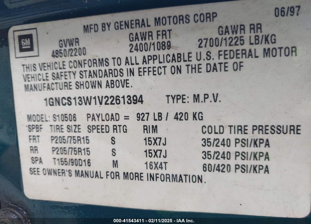 1997 CHEVROLET BLAZER LS VIN: 1GNCS13W1V2261394