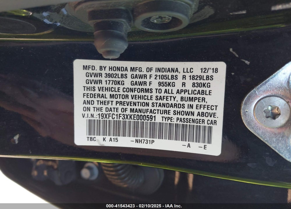 2019 HONDA CIVIC VIN: 19XFC1F3XKE000591