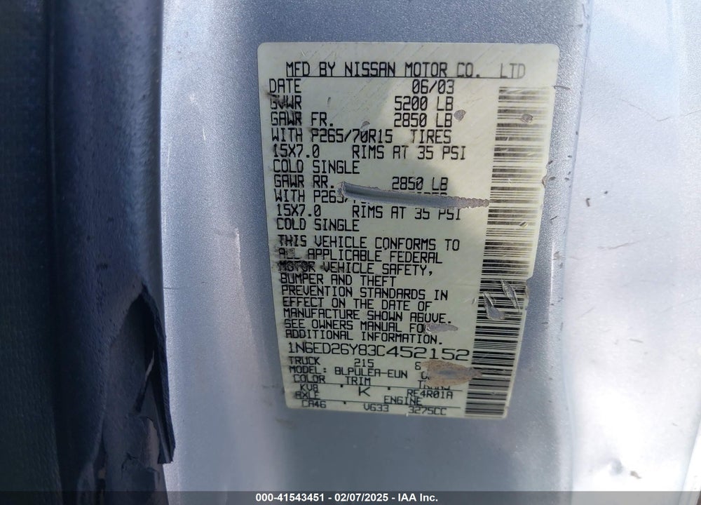 2003 NISSAN FRONTIER XE-V6 VIN: 1N6ED26Y83C452152