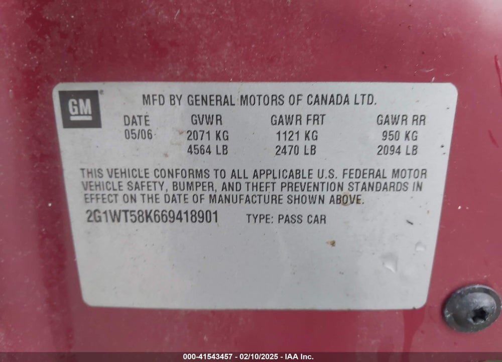 2006 CHEVROLET IMPALA VIN: 2G1WT58K669418901