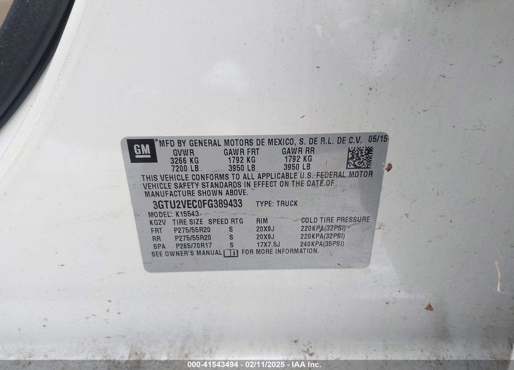 2015 GMC SIERRA 1500 VIN: 3GTU2VEC0FG389433