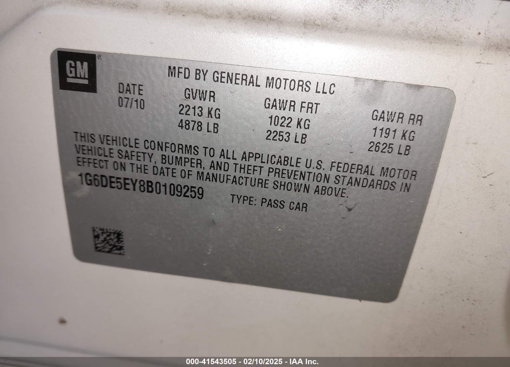 2011 CADILLAC CTS VIN: 1G6DE5EY8B0109259
