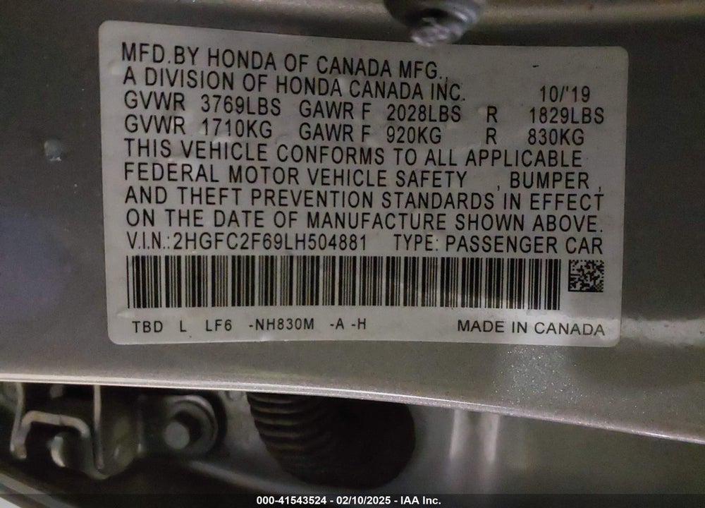2020 HONDA CIVIC VIN: 2HGFC2F69LH504881