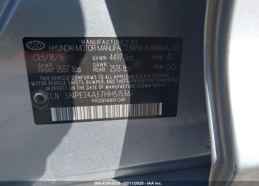 2017 HYUNDAI SONATA VIN: 5NPE24AF7HH515361