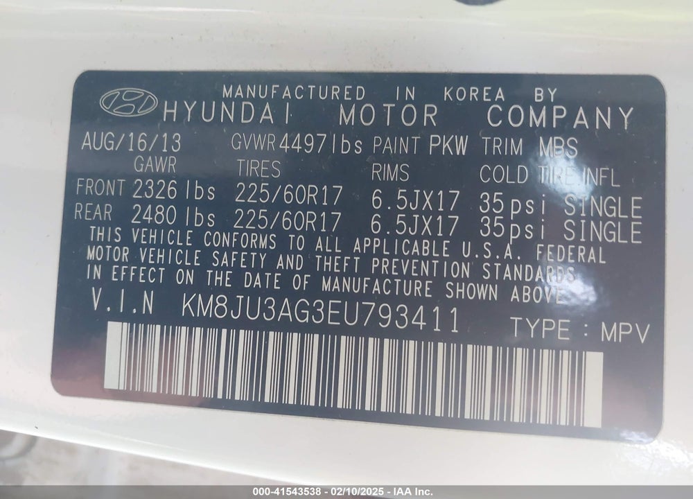 2014 HYUNDAI TUCSON SE VIN: KM8JU3AG3EU793411