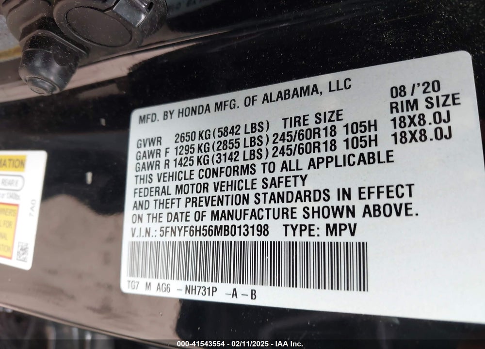 2021 HONDA PILOT VIN: 5FNYF6H56MB013198